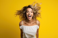 Background Yellow Isolated Upside Hanging Excited Happy Jumping Woman Blonde Young Beautiful Action Active Adult Air Attractive Blond Casual Attire Caucasian Cheerful Cool Curly Hair Down Energy