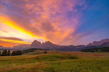 Alpe di Siusi (Seiser Alm), Europe's largest high-alpine pasture in South Tyrol, Italy. A captivating landscape unfolds