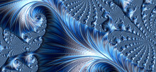 Abstract Spiral Fractal Art Background Banner In Blue And Silver With 3D Embossed Metallic Texture.