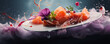 Dark photo of a fine dining dish with fish fillet decorated with eatable flowers banner