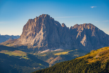 Seceda peak, Dolomites, Italy, A mesmerizing panorama unfolds over Trentino Alto Adige, Europe. Morning sunrise reveals the majestic Furchetta peak in the Alps, casting a spellbinding scene.