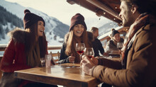 Joyful Young People In Winterwear In Winter Mountains Enjoying Drinks Together. 