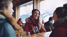 Joyful Young People In Winterwear In Winter Mountains Enjoying Drinks Together. 