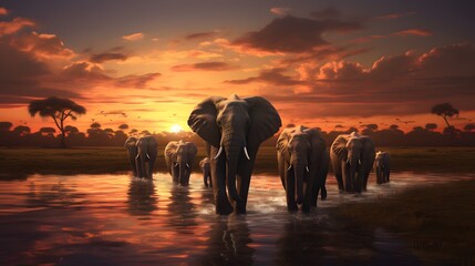 Wall Mural - group of elephants at sunset