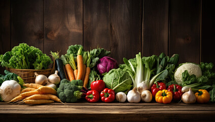 Fresh raw vegetable ingredients for healthy cooking or salad making with rustic wood board in center, top view, copy space. Diet or vegetarian food concept, horizontal composition