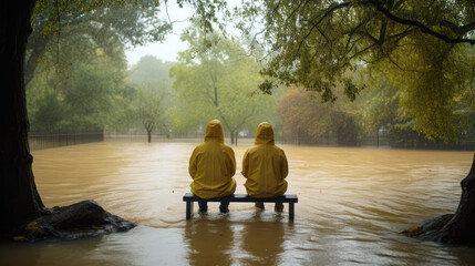 two individuals in yellow raincoats sitting on a bench submerged in floodwater