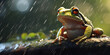 There is a frog sitting  in the rain,Amphibian Elegance: Frog Sitting Still in the Rain,Shower Serenity: Tranquil Frog Amidst Rainy Bliss