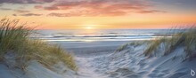 Capturing Beauty Of Coast. Sunset At Beach. Sun Dips Below Horizon Casting Warm Glow On Sand Dunes And Gentle Waves. Idyllic Seascape With Calm Waters And Colorful Sky Invites Reflection And Peace