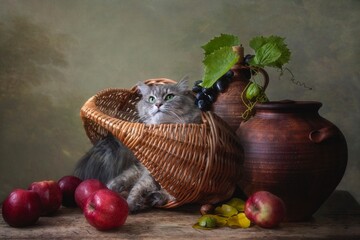 Wall Mural - Still life with apples and kitty in the basket 