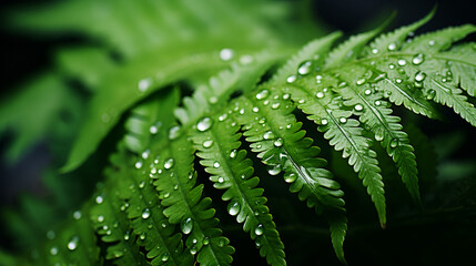 Wall Mural - water drops on a leaf, dew drops on the grass blades. vivid green environment closeup background after the rain. wet plants outdoor. morning fresh spring background, Green grass with water drops