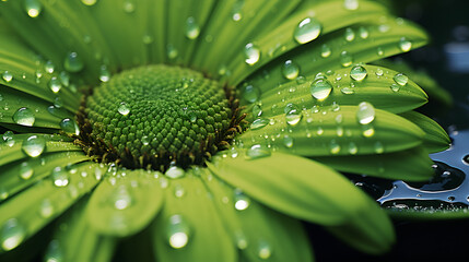 Wall Mural - leaf with dew drops, green sun flower with dew drops , drops of water on a green flower 
