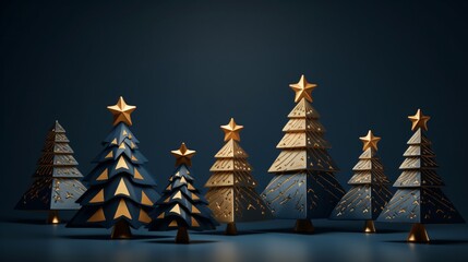 Golden Christmas trees on dark blue background.