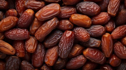 An attractive pile of dried date medjoul fruits piled on a tabletop is seen in full frame background top view.