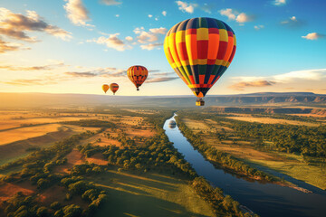 Wall Mural - A caravan of colorful hot air balloons floating over the Maasai Mara, offering a unique perspective of the expansive landscape. Concept of aerial exploration. Generative Ai