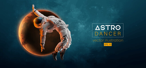 Abstract silhouette of a young hip-hop dancer, brake dancing man astronaut in space action and Earth, Mars, planets on the background of the space. Vector 3d render illustration