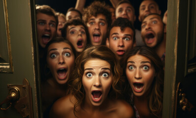 Wall Mural - a door opening to reveal a group of friends shouting 