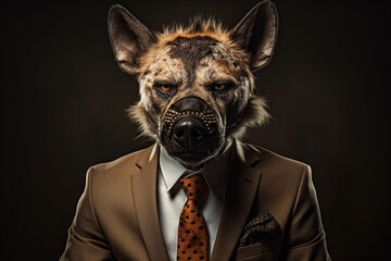 Wall Mural - A man in a suit with a hyena head. Hyena posing in business suit Generative ai