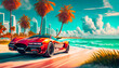 Sports car on the beach with sunset and palm trees