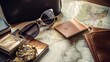 a passport, map, sunglasses, and a travel journal on the table to convey the idea of travel