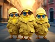 Three chicks with sunglasses on the city street background.