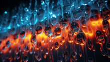 Neon Light Graffiti Featuring A Lattice Of Orange And Blue Water Droplets On A Rainy 3D Background