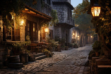 Sticker - A quiet alley in a historic town, where cobblestone streets and antique lanterns create an atmosphere of tranquil nostalgia. Generative Ai.