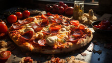 A Delicious And Tasty Italian Pizza With Tomatoes And Mozzarella On A Beautifully Served Table