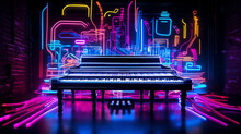 Vibrant Neon Light Graffiti With A Series Of Black And White Piano Keys On A Musical 3D Surface