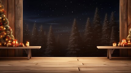 Wall Mural - Empty wooden table with christmas theme in background, generative ai