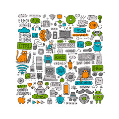 IT concept art background for your design. Programming coding, software development for web and mobile app. Code, programmer, developer, information technology, coder, retro computer and gadgets