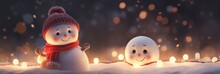 Christmas Snowman's With Red Hat On Head. Snowman In Snow With White Snowflakes On Night Background. Realistic Cartoon Style. Winter Christmas Background, New Year 2024 Banner