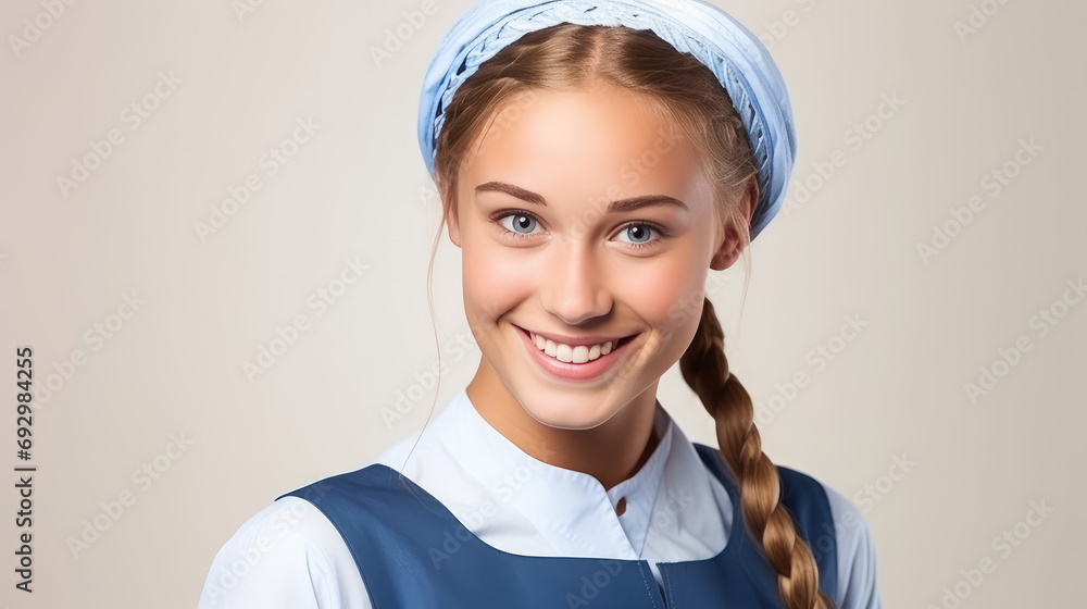Beautiful young Amish women in traditional dress of community and hat headscarf isolated on white. Portrait of pretty Amish lady.