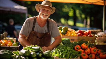 A farmer selling produce at a lively farmers market.