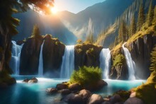 Photo Majestic Magical Fantasy Landscape With Mountains River Waterfall Sun Rays 3d