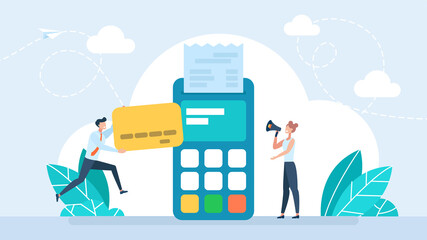 Cash register terminal purchase checkout, sales outlet with buyer. Banking payment cashier services. POS Terminal, debit credit card. Terminal for cashier employee in store. Business illustration