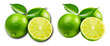 green limes with slice and leaves, with and without shadow isolated on a transparent background