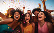 © AspctStyle - Group of friends having fun enjoying summer party celebration throwing confetti in the air, young multiracial hipster people having fun at weekend event outdoors