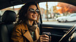 Happy young woman holding cup of coffee to go driving her car, caucasian woman driving car and drinking coffee