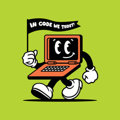 A cheerful, vintage cartoon-style laptop with a smiling face and limbs is depicted walking while holding a flag with the text 