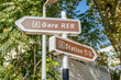 Gare RER and Station T2 signs near the regional train and tram station near Paris, France