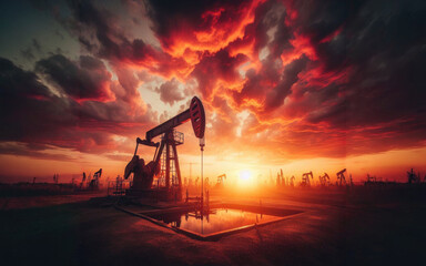 Oil pump oil rig energy industrial machine for petroleum in the sunset background for design