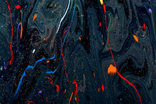 Luxury Abstract Fluid Art Painting In Alcohol Ink Technique, Mixture Of White, Blue And Gold Paints On Black Paper. Imitation Of Marble Stone Cut, Glowing Golden Veins. Tender And Dreamy Design.