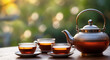 teapot and cup of tea on the table, Teapot and the cup of tea with nature bokeh background.