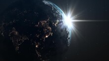 View From Space Of A Beautiful Sunrise Over Asia, The Sun Rises Over The Asian Continent. Night Lights Of Cities, Realistic View From Earth Orbit. Slow Rotation. 4k Footage
