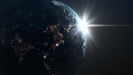 view from space of a beautiful sunrise over asia, the sun rises over the asian continent. night ligh