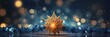 Abstract glowing golden star on dark blue night background. Christmas golden light shed bokeh particles over a background