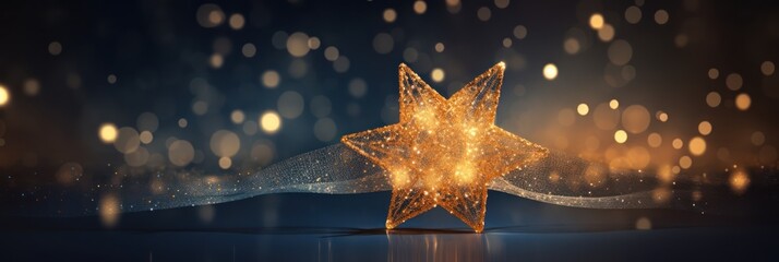 Wall Mural - Glowing golden star on dark blue night background. Christmas golden light shed bokeh particles over a background