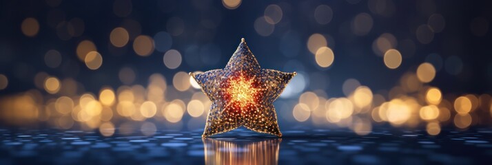 Wall Mural - Abstract glowing golden star on dark blue night background. Christmas golden light shed bokeh particles over a background, 2024