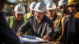 Fototapeta  - Group of Latin American construction workers looking at blueprints at construction site, architectural concept