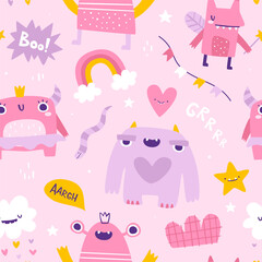 Wall Mural - cute girly pattern with funny pink monsters. seamless vector print with abstract monster girls for b
